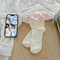 Japanese Lolita milk white socks with pink satin frill and heart knit patterns - One Size / Beige Pink