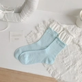 Chaussettes côtelées bleu clair style japonais avec doubles revers à volants blancs - Bleu Clair (Bord Blanc)