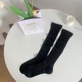Japanese style black cotton knee high socks with vertical ribbed texture and elastic cuff - Black