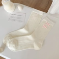 Calze a coste beige con fiocchi rosa stile balletto per ragazze e donne - Taglia unica / Bianco