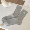 Grey ballet style rib socks featuring light blue ribbon cross details and a cute bow - One Size / Gray