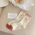 Cute beige bear cotton socks with pink ruffled edges and colorful flecked knit pattern - Bib Bear