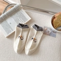 Cute beige cotton ankle socks with grey cuff and cartoon bear pattern in daily lifestyle - Gray Cuff (MYH57)