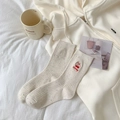 Creamy dotted yarn mid-calf socks featuring cherry embroidery and ribbed cuffs - One Size / Off-White Cherry (Cherry)