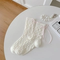 White knit mid-calf socks with pink satin bows and elegant diamond cable patterns - One Size / White Base Pink Bow