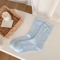 Chaussettes bleu ciel en coton à torsades avec fleur verte et nœud en ruban blanc - Taille unique / Bleu