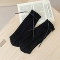 Sweet black waffle knit crew socks with delicate silk ribbon bow accents for women - One Size / Black