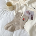 Beige knit crew socks featuring red apple embroidery and textured speckled fabric - One Size / Khaki Apple (APPLE)