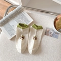 Beige flecked cotton socks with green ribbed cuff and cute brown bear embroidery - Green Cuff (MYH57)