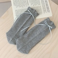 Gray mesh hollow-out crew socks with sweet light blue ribbon bow detail for women - One Size / Gray