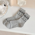 Light gray knit crew socks with black heart pattern and geometric details in Japanese style - One Size / White (Gray Heart Print)