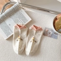 Cute beige cotton short socks with colorful dots, cartoon dog pattern and pink ribbed cuffs - Pink Cuff (MYH57)