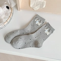 Grey crew socks with black polka dots and cute cartoon puppy embroidery with blue bow - One Size / Grey Puppy