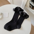 Elegant black knee-high socks with satin ruffle cuffs and vertical ribbed texture - One Size / Black