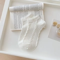White ankle socks with sweet lace trim and heart hollow patterns for women - One Size / Cable Knit (White)