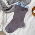 Grey purple cotton blend mid-tube socks with sky blue ruffled cuffs and ribbed texture - One Size / Dark Gray