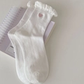 White frilly cotton socks with pink heart embroidery in a sweet Japanese school style - One Size / White