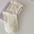 Sweet cream white crew socks with ruffled edge and pink heart embroidery detail - One Size / Cream