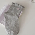 Light gray cotton socks with sweet pink heart embroidery and elegant ruffle lace cuffs - Gray