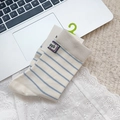 Off-white mid-calf socks with blue stripes and purple woven label on keyboard - White with Blue Stripes