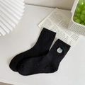 Black confetti knit crew socks with cute bear embroidery in a Japanese college style - Black