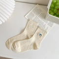 Cream knit mid-calf socks with colorful speckles and cute bear embroidery detail - Light Yellow