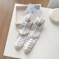 White and light blue striped mid-calf socks with struggle embroidery patch detail - White with Blue Stripes