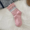 Calze di lana Fair Isle rosa con fiocchi grigi e motivi a cuore per calore invernale - Taglia unica / Rosa