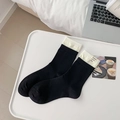 Japanese style black crew socks with beige turnover cuff and happy every day label - Black with Cloth Label