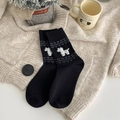 Black knit crew socks featuring white flocked puppy and heart patterns on cozy fabric - One Size / Black Heart