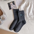 Dark grey cotton mid-calf socks with ruffled edge and Be Nice bow embroidery - One Size / Dark Gray