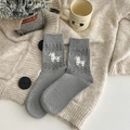 Grey heart and pony pattern knit mid-calf socks with sweet Japanese cartoon aesthetic - One Size / Heart Grey