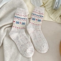Fair Isle wool socks in cream with colorful dots, red hearts and blue bow patterns - One Size / Off-White Bow (JLW763) / Off-White With Black Bow