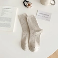 Vertical ribbed cotton socks in oatmeal melange, cozy mid-calf style for women - Beige Khaki