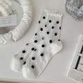 Sweet ballet style white crew socks with black polka dots and ruffle lace trim - White