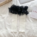 White Lolita leg warmers with black organza ruffles and pearl bead decorations - One Size / White Base Black Bow