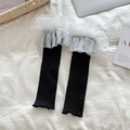 Lolita black knit leg warmers with white organza ruffles and faux pearl beads - One Size / Black with White
