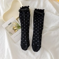 Sweet Japanese style black crew socks with white polka dots and ribbon bow decoration - One Size / Black With Black Bow