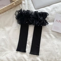 Black Lolita leg warmers with organza ruffle lace and pearl beads on white bedding - One Size / Black With Black Bow