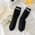 Sweet black mid-calf socks with white polka dots, ruffle edge and silver bow detail - One Size / Metallic Silver Black