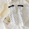 White crew socks with black polka dots, ruffle trim, and elegant black bows in JK style - One Size / White Base Black Bow