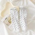 White crew socks with black polka dots, ruffled edge and silver metallic bow detail - One Size / Metallic Silver