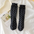 Chaussettes noires douces à pois blancs, bords à volants et détail de nœud brillant - Taille unique / Gris Foncé Avec Nœud Noir