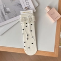 Calze a metà polpaccio bianco crema con pizzo, cuori neri e fiocco decorativo - Taglia unica / Beige