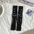 Lolita black knit leg warmers featuring gingham ribbon lace-up bows in a stylish JK design - One Size / Black with White