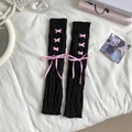 Jambières Lolita en tricot noir avec lacets en ruban rose à carreaux et bords ondulés - Taille unique / Noir avec Nœud Rose