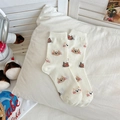 Cute Japanese style cream white mid-calf socks featuring adorable cartoon cat embroidery - Beige Cat