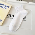 White cotton ankle socks with colorful polka dots and ribbed cuffs for women - One Size / White