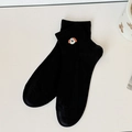 Schwarze Baumwoll-Kurzsocken mit süßer Hunde-Stickerei und elastischen Rippbündchen - Einheitsgröße / Schwarz