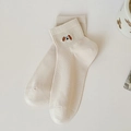 Süße cremefarbene Maschensocken mit gesticktem Welpen im japanischen Kawaii-Stil - Einheitsgröße / Khaki